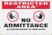 Accuform SHFBW804 8" x 6" Fence-Wrap Mesh Gate Screens: Restricted Area - No Admittance - All Visitors Report To The Front Office, Spanish (1)