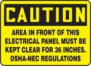 Accuform SHMELC625VA 10" x 14" OSHA Caution Safety Label: Area In Front of This Electrical Panel Must Be Kept Clear for 36" - OSHA-NEC Regulations (1)