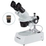 AmScope SE306R-PZ-E1 SE306 Series Compact Multi-Lens Binocular Stereo Microscope 20X-80X on Metal Trak Stand w/ Angled Head, Top and Bottom Halogen Lighting and 1MP Digital Eyepiece (1)