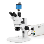 AmScope SM-1TRZZ-FOR-HD25 SM-1 Series Zoom Trinocular Stereo Microscope 3.5X-180X Magnification w/ 150W Halogen Ring Light and 5MP HDMI CMOS C-Mount Camera on Track Stand (0)