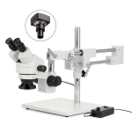 AmScope SM-4BYY-144-10M SM-4 Series Zoom Binocular Stereo Microscope 7X-135X Magnification w/ 144 LED Ring Light and 10MP USB 2.0 C-mount Camera on Double Arm Boom Stand (1)