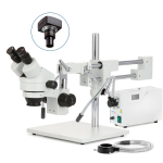 AmScope SM-4BY-FODR-3M3 SM-4 Series Zoom Binocular Stereo Microscope 7X-90X w/ 150W Halogen Dual Gooseneck & Ring Lights and 3MP USB 3.0 C-mount Camera on Double Arm Boom Stand (1)