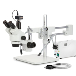 AmScope SM-4TZZ-FODR-M Zoom Trinocular Stereo Microscope 3.5X-180X Magnification w/ 150W Halogen Dual Gooseneck & Ring Lights and 1.3MP USB 2.0 C-mount Camera on Double Arm Boom Stand (2)