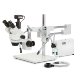 AmScope SM-4TZZ-FODR-M Zoom Trinocular Stereo Microscope 3.5X-180X Magnification w/ 150W Halogen Dual Gooseneck & Ring Lights and 1.3MP USB 2.0 C-mount Camera on Double Arm Boom Stand (1)