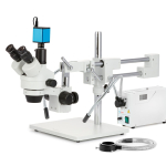 AmScope SM-4TZZ-FODR Zoom Trinocular Stereo Microscope 3.5X-180X Magnification w/ 150W Halogen Dual Gooseneck & Ring Lights on Double Arm Boom Stand (2)