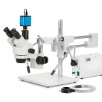 AmScope SM-4TP-FODR Simul-Focal Zoom Trinocular Stereo Microscope 7X-45X Magnification w/ 150W Halogen Dual Gooseneck & Ring Lights on Double Arm Boom Stand (1)