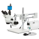 AmScope SM-4TZZ-FODR-HD25 Zoom Trinocular Stereo Microscope 3.5X-180X Magnification w/ 150W Halogen Dual Gooseneck & Ring Lights and 5MP HDMI CMOS C-Mount Camera on Double Arm Boom Stand (1)