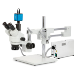 AmScope SM-4TZZ-FOR-AF25 Zoom Trinocular Stereo Microscope 3.5X-180X Magnification w/ 150W Halogen Ring Light and 1080P 5MP HDMI Auto-focus Camera on Double Arm Boom Stand (1)