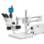 AmScope SM-4TZZ-FOR-HD22 Zoom Trinocular Stereo Microscope 3.5X-180X Magnification w/ 150W Halogen Ring Light and 2MP HDMI CMOS C-Mount Camera on Double Arm Boom Stand (1)