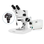 AmScope SM-1BRZZ-FOD-10M3 SM-1 Series Super Widefield Zoom Binocular Stereo Microscope 3.5X-180X w/ 150W Halogen Dual Gooseneck Lights and 10MP USB 3.0 C-mount Camera on Track Stand (1)
