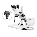AmScope SM-1TX-FODR-5M3 SM-1 Series Zoom Trinocular Stereo Microscope 3.5X-45X w/ 150W Halogen Dual Gooseneck & Ring Lights and 5MP USB 3.0 C-mount Camera on Pillar Stand w/ Extra Large Base Plate (1)