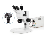 AmScope SM-1TRZZ-FOR-5M3 SM-1 Series Zoom Trinocular Stereo Microscope 3.5X-180X Magnification w/ 150W Halogen Ring Light and 5MP USB 3.0 C-mount Camera on Track Stand (1)