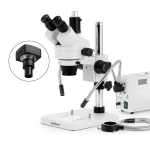 AmScope SM-1TSX-FODR-9M SM-1 Series Zoom Trinocular Stereo Microscope 3.5X-45X w/ 150W Halogen Dual Gooseneck & Ring Lights and 9MP USB 2.0 C-mount Camera on Pillar Stand (1)