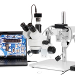 AmScope SM-4TP-8W 7X-45X Trinocular Simul-Focal Stereo Zoom Microscope w/8W LED Dual Gooseneck Illuminator on Double Arm Boom Stand (2)