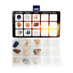 AmScope RK-GCF9 Gemological Science Kit W/ 9 Rock Specimens (3 Gemstones, 3 Crystals, 3 Fossils All in 1 Box) and Extra Slots for DIY Rock Collection (4)
