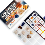 AmScope RK-GCF9 Gemological Science Kit W/ 9 Rock Specimens (3 Gemstones, 3 Crystals, 3 Fossils All in 1 Box) and Extra Slots for DIY Rock Collection (1)