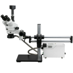 AmScope SM-5TZ-FOR-5M Trinocular Stereo Microscope 3.5X-90X Magnification on Ball Bearing Boom Stand w/ Fiber Optic Light and 5MP Camera (0)