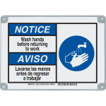 Brady 145753 10 in H x 14 in W Black, Blue on White Metal-detectable Polypropylene Sign: Bilingual ToughWash Notice Wash Hands Before Returning... (0)