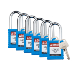 Brady SDPL-BLU-38ST-KD6 Nylon Safety Lockout Padlocks - Keyed Different, Blue, Steel Shackle (0)