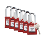 Brady SDPL-RED-38ST-KA6 Nylon Safety Lockout Padlocks - Keyed Alike, Red, Steel Shackle (0)