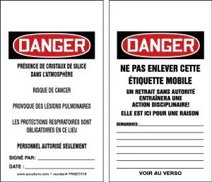Accuform FRMDT018CTP OSHA Danger Safety Tags: Respirable Crystalline Silica May Cause Cancer - Causes Damage To Lungs - Wear Respiratory Protection In This Area
