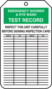 Accuform FRMGT207PTM Safety Tag: Emergency Shower & Eye Wash Test Record - Inspect This Unit Carefully Before Signing Inspection Card