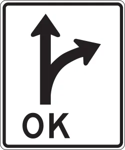 Accuform FRR654DP Lane Guidance Sign: Right/Straight Optional Lane (OK)