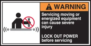 Accuform LECN368 ANSI Warning CEMA Label: Servicing Moving Or Energized Equipment Can Cause Severe Injury