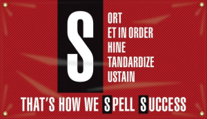 Accuform MBR598 28" x 48" 5S Motivational Banner: Sort - Set In Order - Shine - Standardize - Sustain - That's How We Spell Success, Adhesive Vinyl