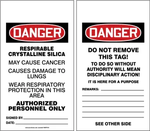 Accuform MDT018PTP OSHA Danger Safety Tags: Respirable Crystalline Silica May Cause Cancer - Causes Damage To Lungs - Wear Respiratory Protection In This Area
