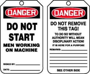 Accuform MDT115PTP OSHA Danger Safety Tag: Do Not Start - Men Working on Machine