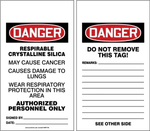 Accuform MDT130LTP OSHA Danger Safety Tags: Respirable Crystalline Silica May Cause Cancer - Causes Damage To Lungs - Wear Respiratory Protection In This Area