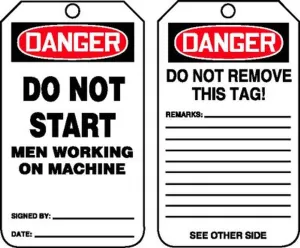 Accuform MDT203PTM OSHA Danger Safety Tag: Do Not Start - Men Working on Machine