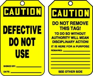 Accuform MDT603CTP OSHA Caution Safety Tag: Defective - Do Not Use