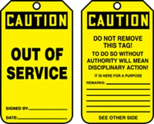 Accuform MDT641CTP OSHA Caution Safety Tag: Out of Service