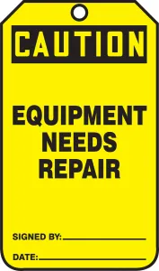 Accuform MDT656PTP OSHA Caution Safety Tag: Equipment Needs Repair