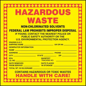 Accuform MHZW05EVC Hazardous Waste Label: Hazardous Waste - Non-Chlorinated Solvents