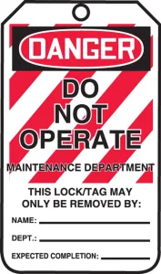 Accuform MLT401PTM OSHA Danger Lockout Tag: Do Not Operate - Maintenance Department