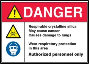 Accuform MRAW104VP 10" x 14" ANSI ISO Danger Safety Sign: Respirable Crystalline Silica May Cause Cancer - Causes Damage To Lungs - Wear Respiratory Protection In This Area, Plastic