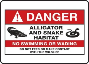Accuform MRTR003VP 10" x 14" ANSI Danger Safety Sign: Alligator And Snake Habitat - No Swimming Or Wading - Do Not Feed Or Make Contact With The Wildlife, Plastic