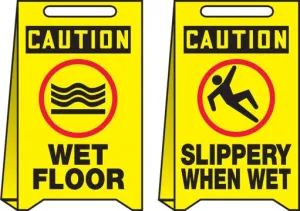 Accuform PFE405 20" x 12" OSHA Caution Reversible Fold-Up Floor Sign: Wet Floor - Slippery When Wet