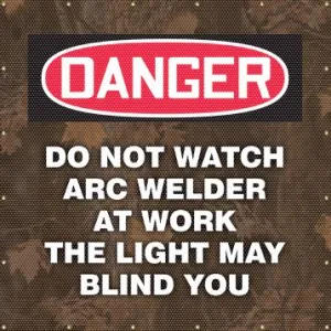 Accuform PWD120BU 6-ft x 6-ft ONE-WAY Printed Welding Screens: Do Not Watch Arc Welder At Work - The Light May Blind You, Blue