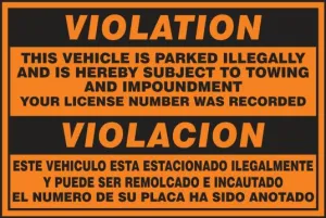 Accuform SBLVHR300 4" x 6" Parking Violation Labels: Violation - This Vehicle Is Parked Illegally And Is Hereby Subject To Towing, Pressure Sensitive Paper, Fluorescent Orange