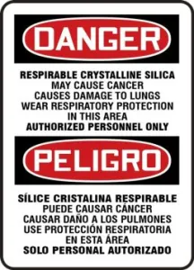 Accuform SBMCAW045VA 14" x 10" OSHA Danger Safety Sign: Respirable Crystalline Silica - May Cause Cancer - Causes Damage To Lungs - Wear Respiratory Protection In This Area, Aluminum, Bilingual - Spanish/English