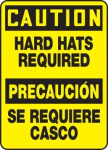 Accuform SBMPPA640XT 14" x 10" Bilingual OSHA Caution Safety Sign: Hard Hats Required, Dura-Plastic
