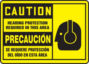 Accuform SBMPPE409MXV 10" x 14" Bilingual OSHA Caution Safety Sign: Hearing Protection Required In This Area, Adhesive Dura-Vinyl