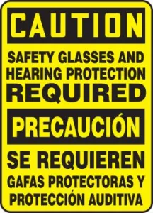 Accuform SBMPPE634VP 14" x 10" Bilingual Spanish Caution Safety Sign: Safety Glasses And Hearing Protection Required, Plastic