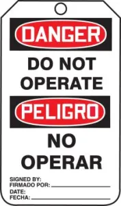 Accuform SBTAM101CTP 4-1/4" x 2-1/8" Bilingual OSHA Danger Safety Tag: Do Not Operate, PF-Cardstock, 25/PK