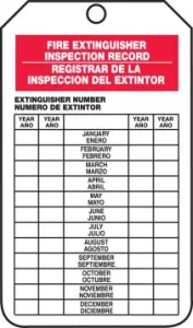 Accuform SBTRS217PTM OSHA Fire Extinguisher Tags: Fire Extinguisher Inspection Record, RP-Plastic, Bilingual - Spanish/English, 5/PK