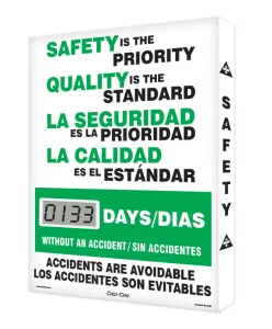 Accuform SCJ133 20" x 16" Bilingual Digi-Day Lite Electronic Scoreboard: Safety Is The Priority Quality Is The Standard